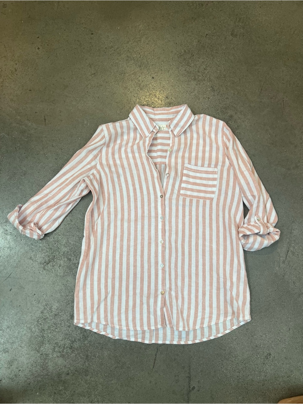 Women’s Linen Pink and White Stripe Button-Up Shirt